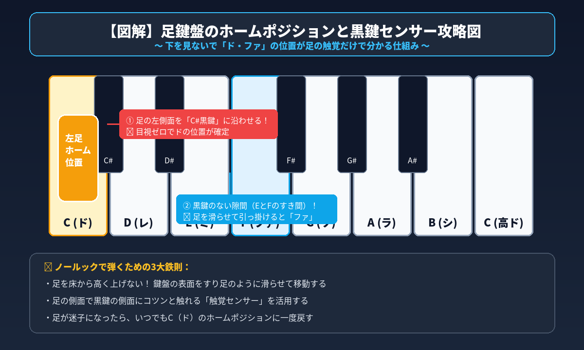 エレクトーン足鍵盤のホームポジションと黒鍵センサー完全攻略図